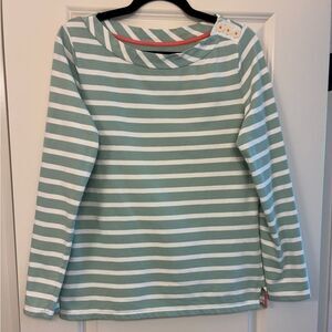 BODEN Boat Neck Button Detail Striped Knit Top Green White Women’s Size 8